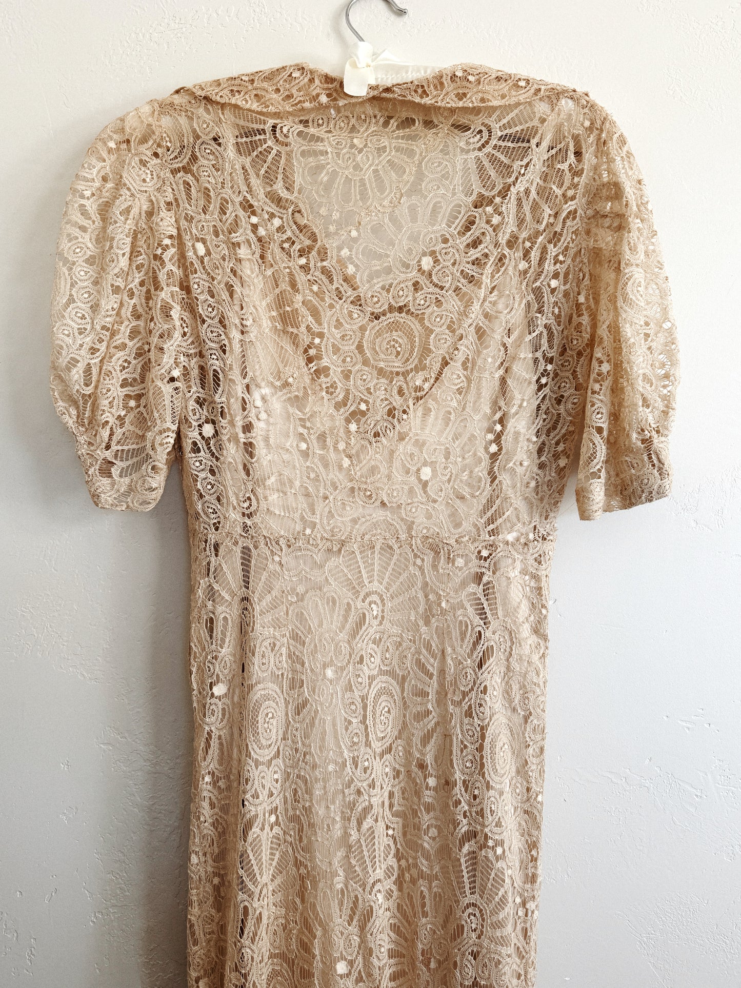 1930s White Lace + Puffed Shoulder Gown w/ Rhinestone Belt- XS/S
