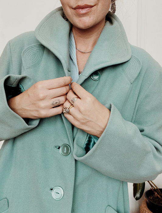 1950s Sea Foam Swing Coat w/ Deco Details- L/XL