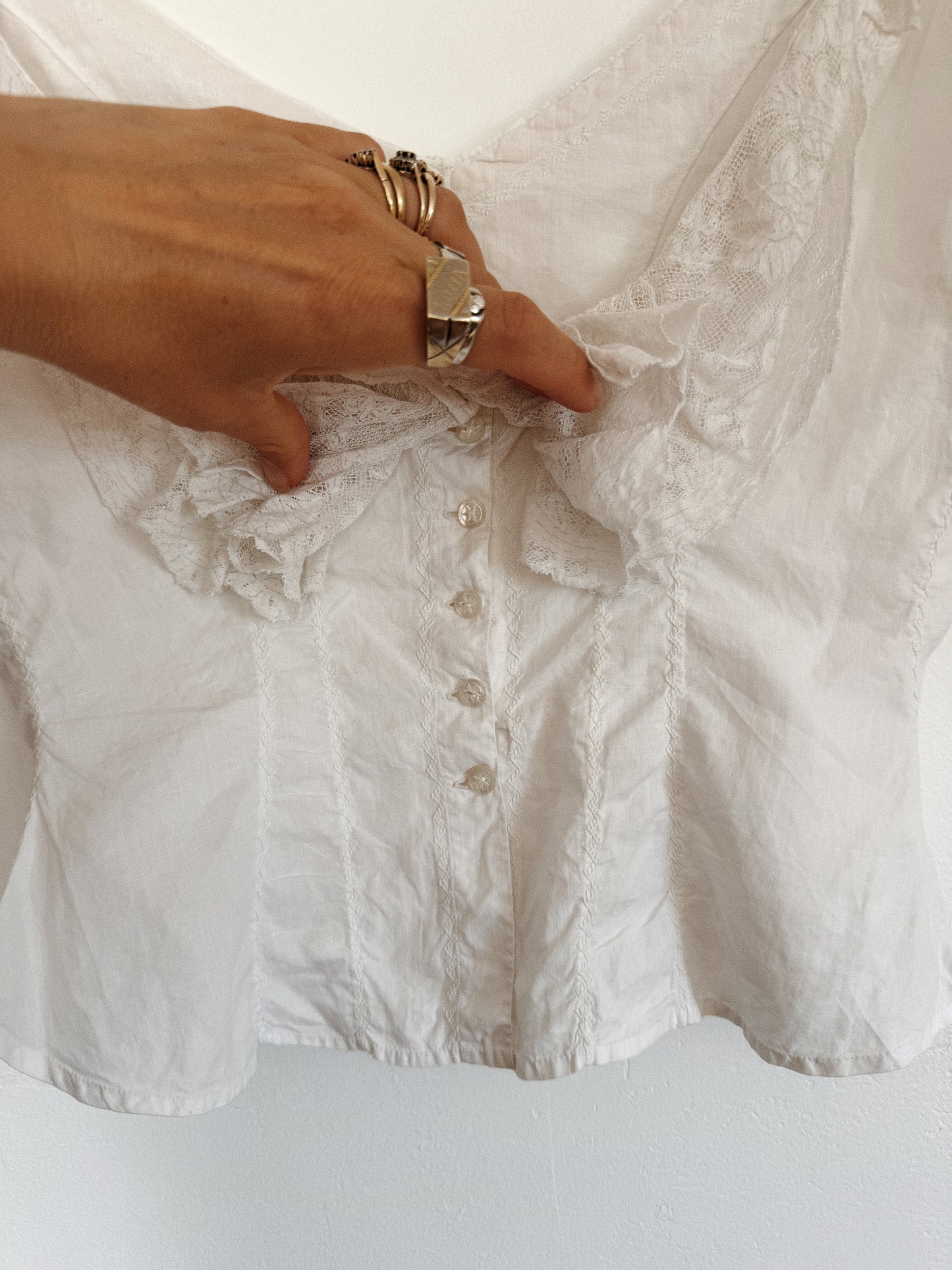 Antique Pure White Cotton + Ruffled Lace Corset Cover- S