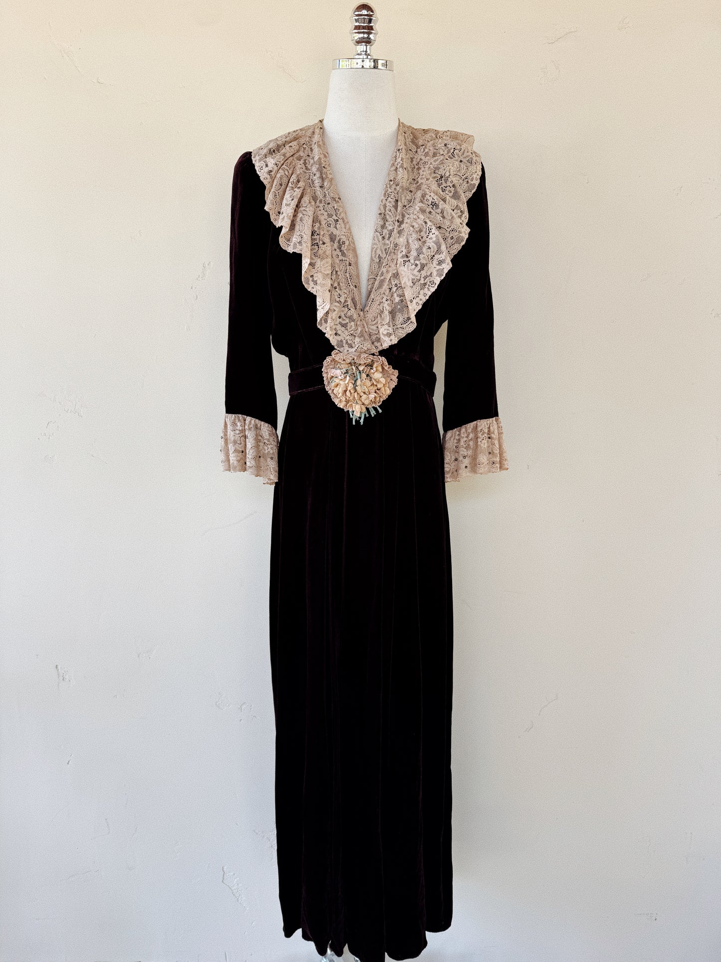 1930s/40s Aubergine Velvet + French Lace Dress w/ Rhinestones- S/M