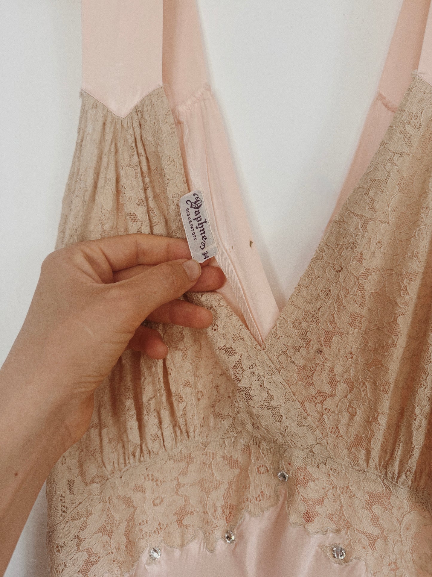 1930s/40s Pale Pink Liquid Satin + Lace Gown w/ Rhinestones- S/M