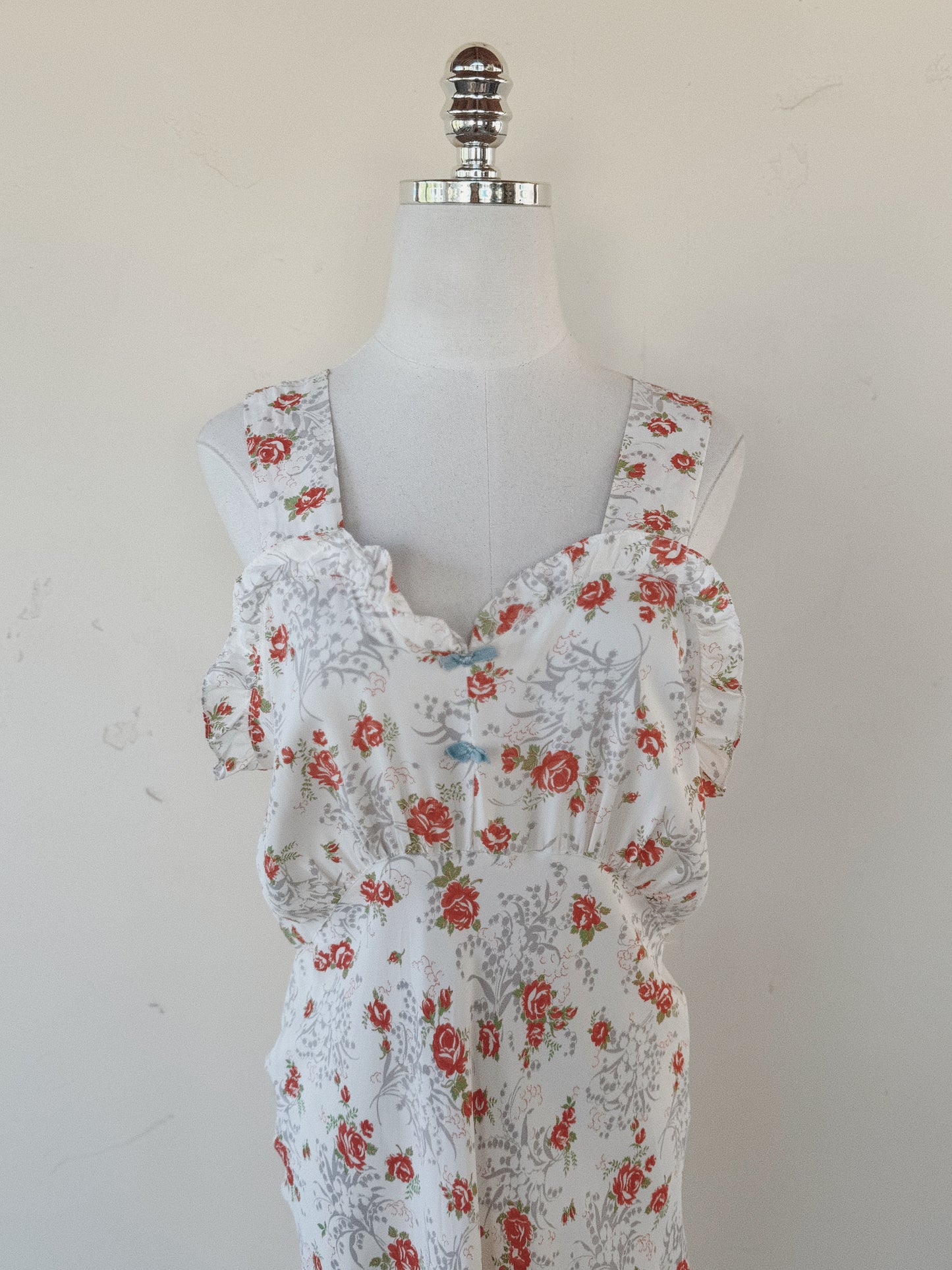 1940s Rose + Lily of the Valley Ruffle Cold Rayon Slip Dress w/ Blue Bows- M-M/L
