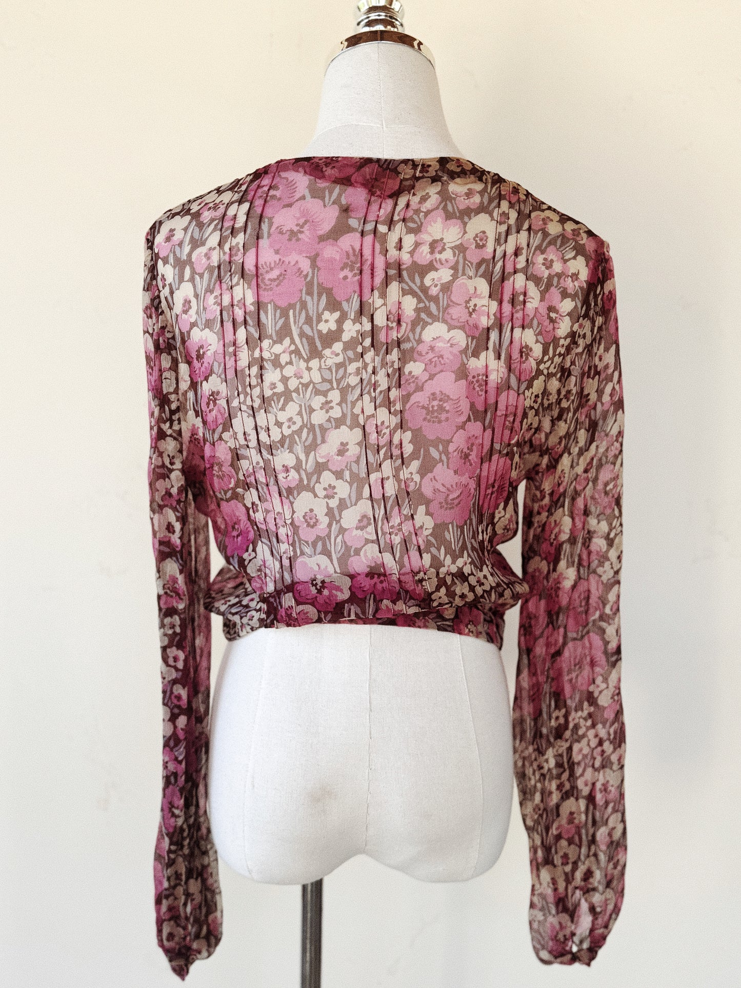 1930s I. Magnin Plum Purple Floral Silk Chiffon Cropped Blouse- S/M-M
