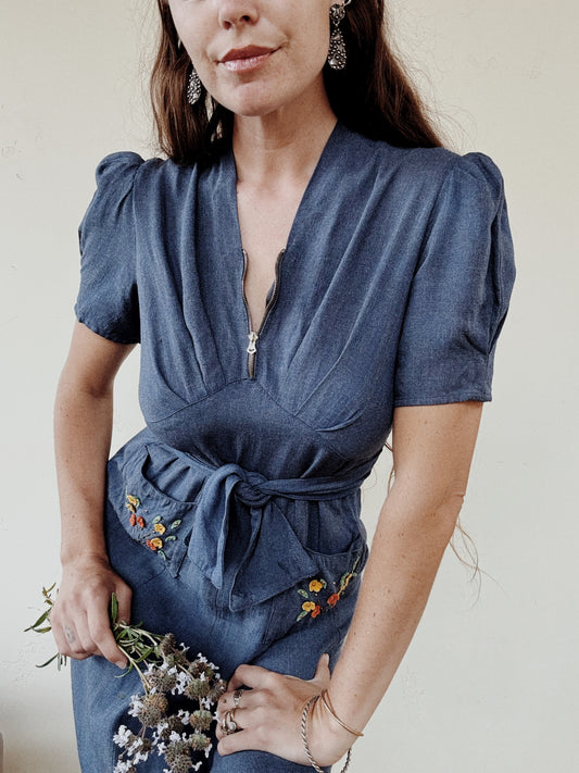 1930s Blue Day Dress w/ Puffed Shoulders + Felt Floral + Stud Pockets- S/M