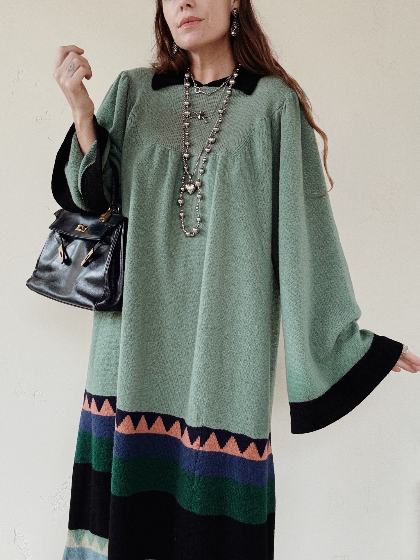 1974 Rare Alice Pollock Documented Knit Kaftan Dress w/ Bell Sleeves- M