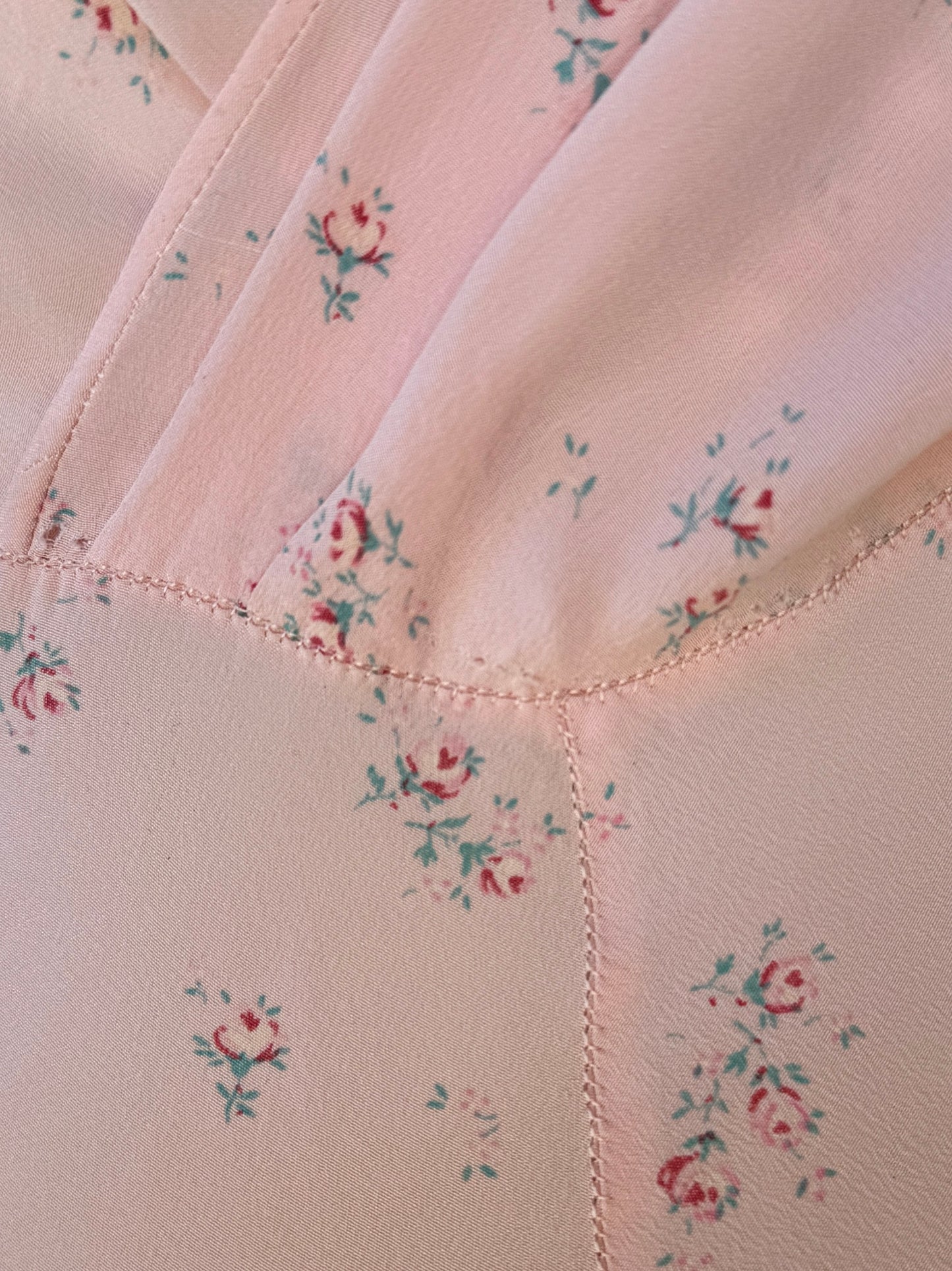 1930s Exquisite Corset Silk Crepe Slip Dress w/ Rose Print- XS-S