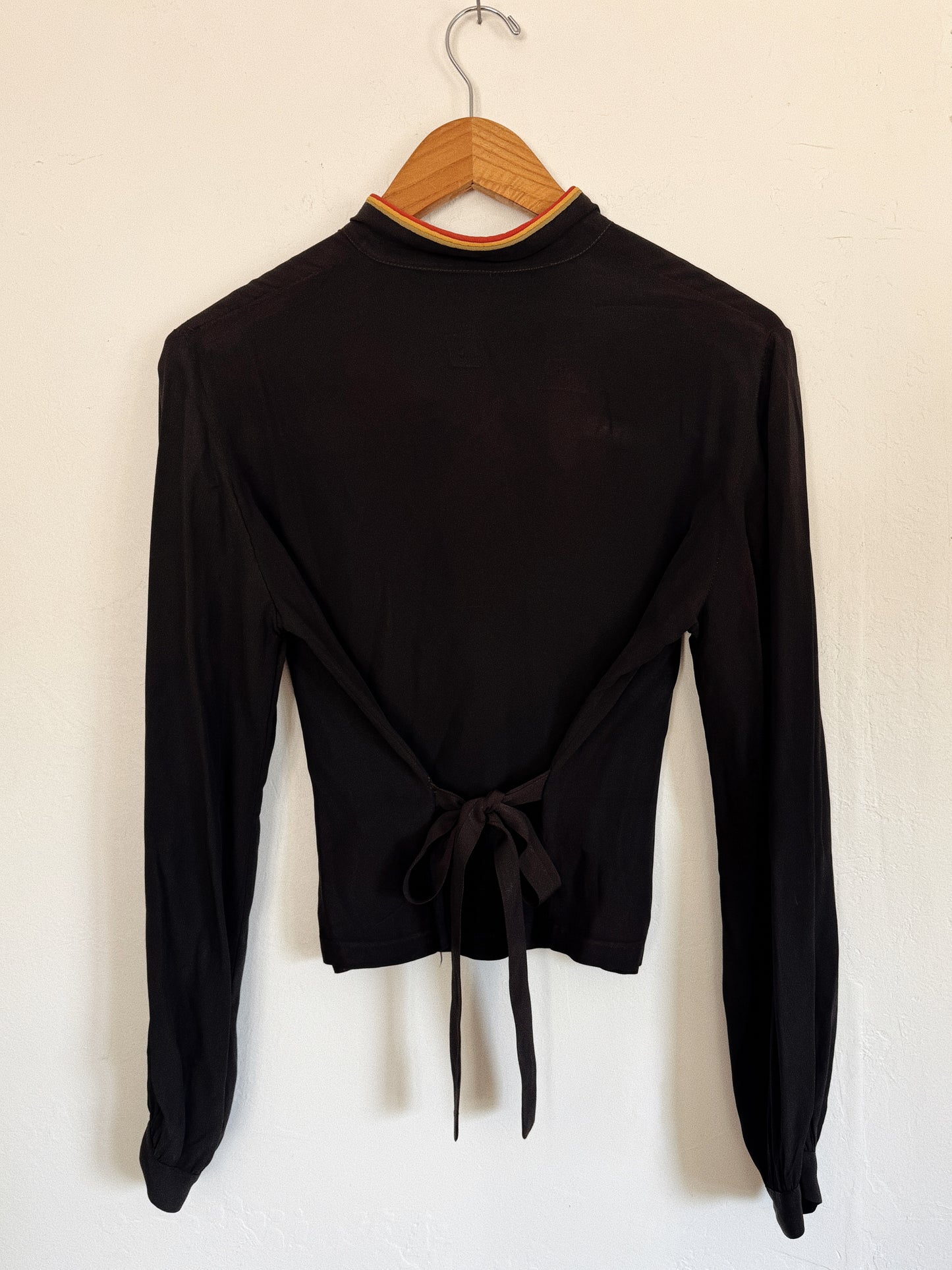 1930s Bakelite Button Silk Crepe Blouse w/ Corded Trim- S/M