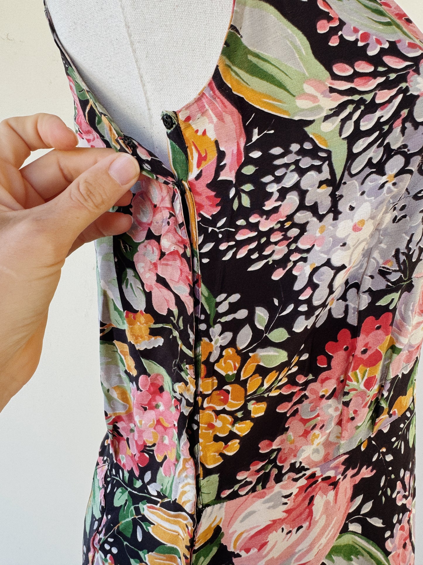 1930s Black Multicolor Floral Silk Gown w/ Mesh Trim- S/M