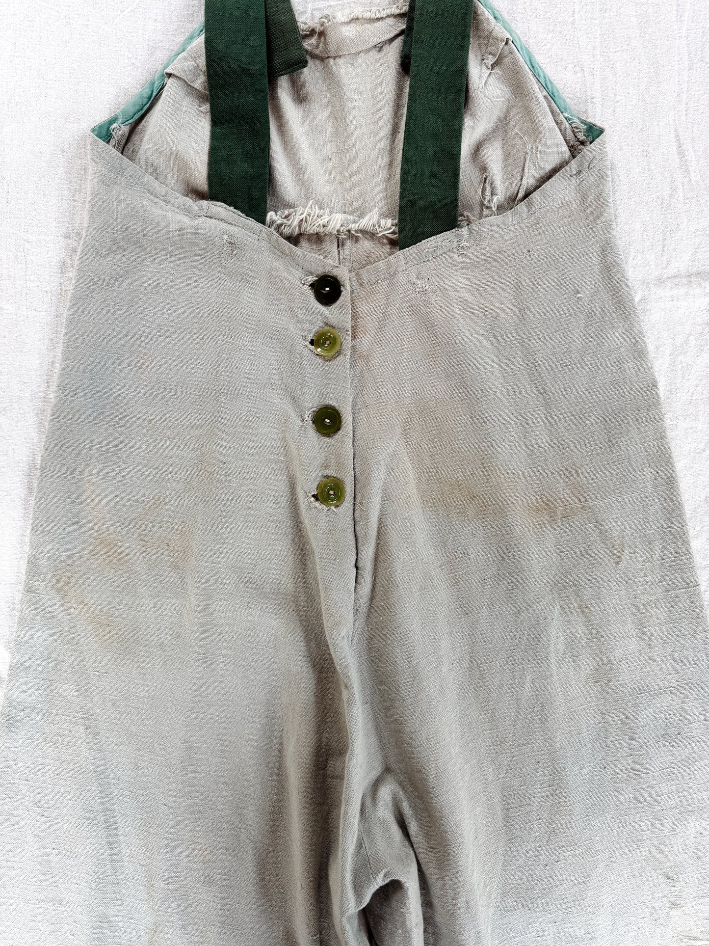 1930s Mint Green Linen Embroidered Vacation Overalls- S/M
