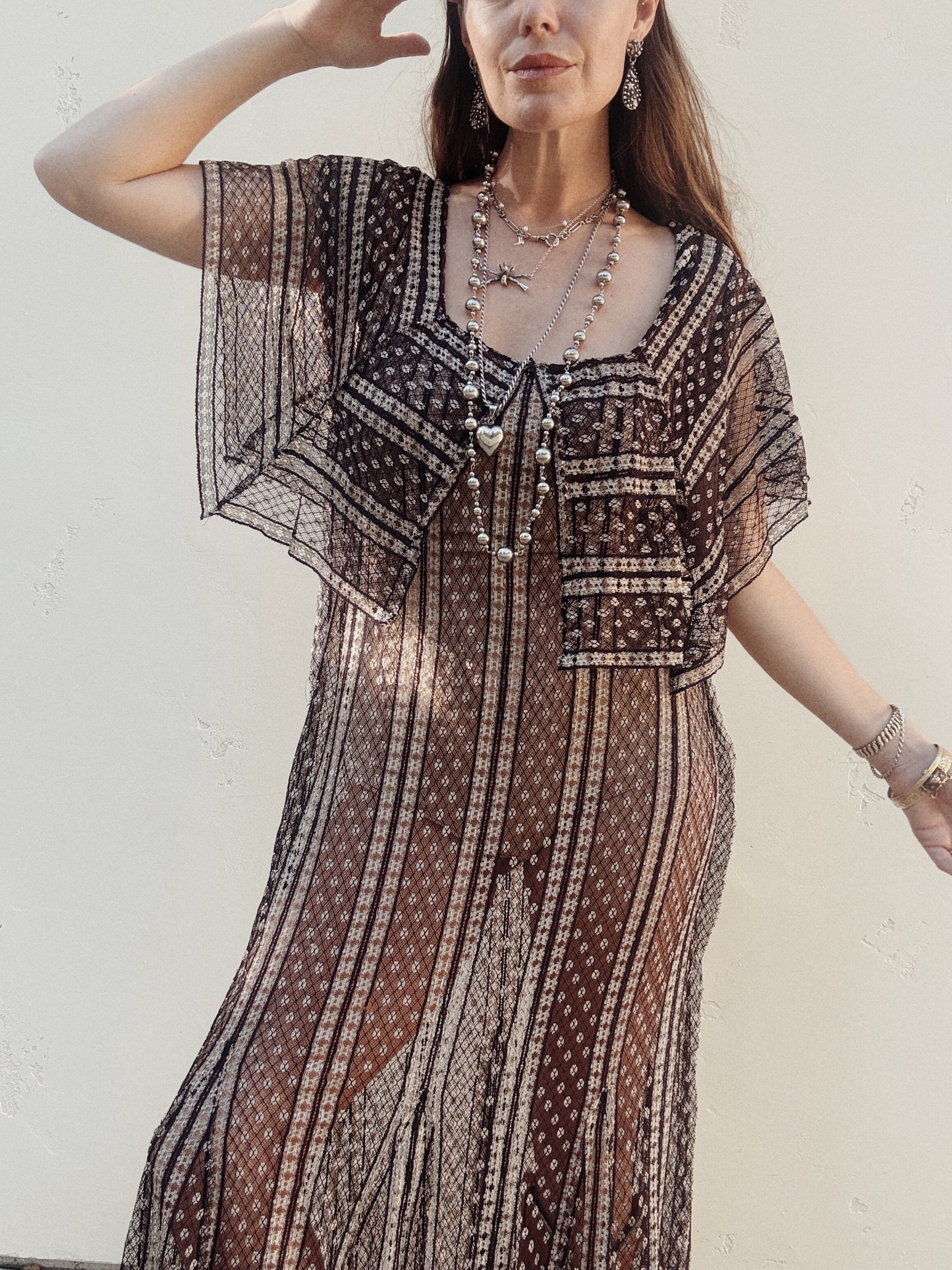 1920s/30s Purple + Cream Net Dress w/ Large Caplet Collar- M-L