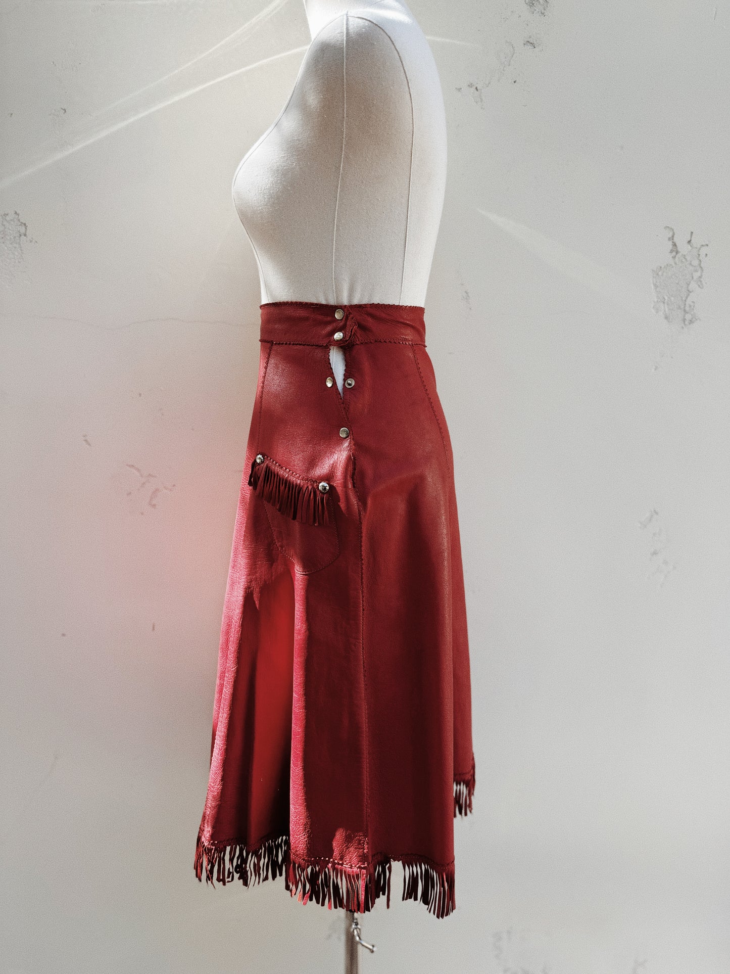 1930s/40s Western Oxblood Red Leather Fringe Cowgirl Skirt- S