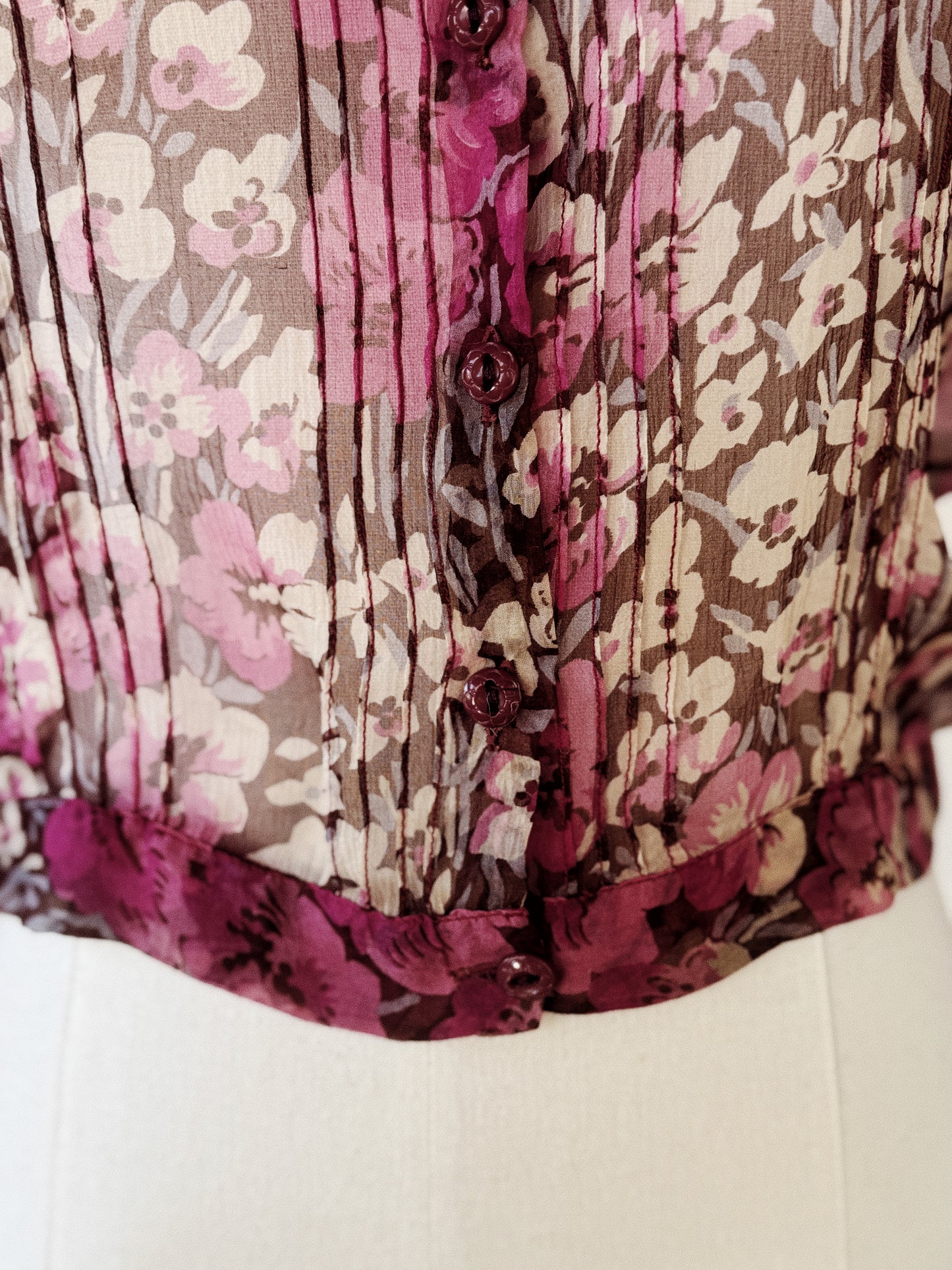 1930s I. Magnin Plum Purple Floral Silk Chiffon Cropped Blouse- S/M-M