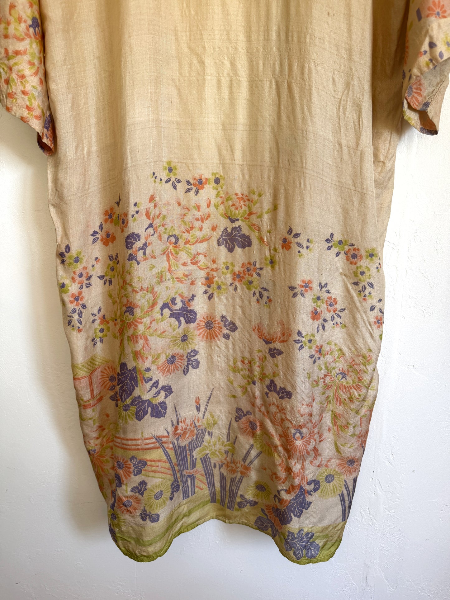 1920s Chartreuse + Periwinkle Pongee Silk Duster Robe