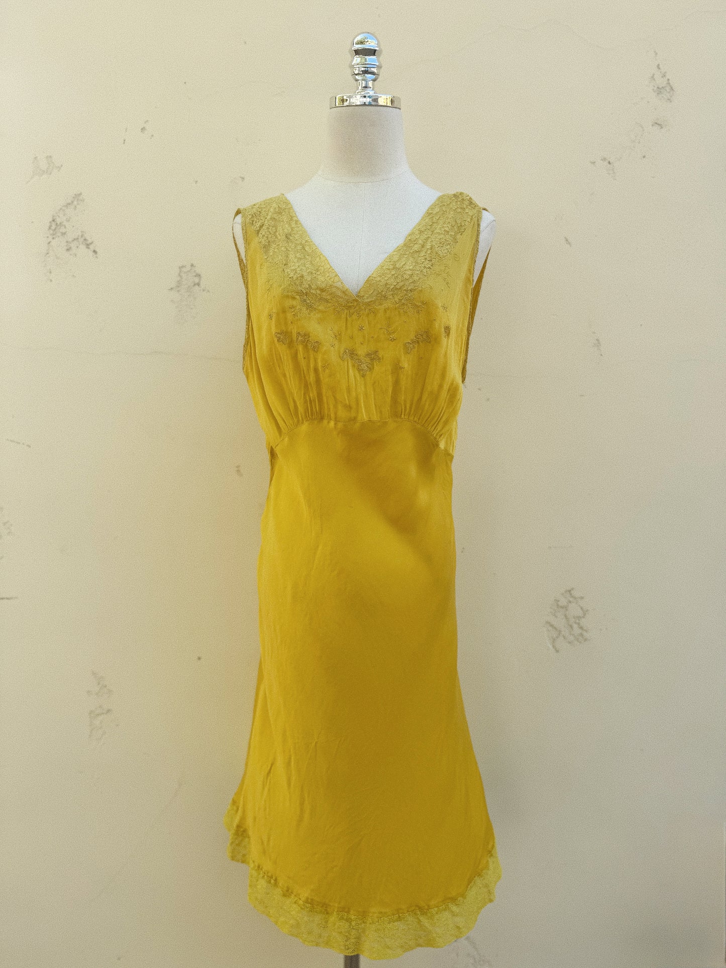 1930s Electric Mustard Silk Slip Dress w/ Floral Lace Inserts- M