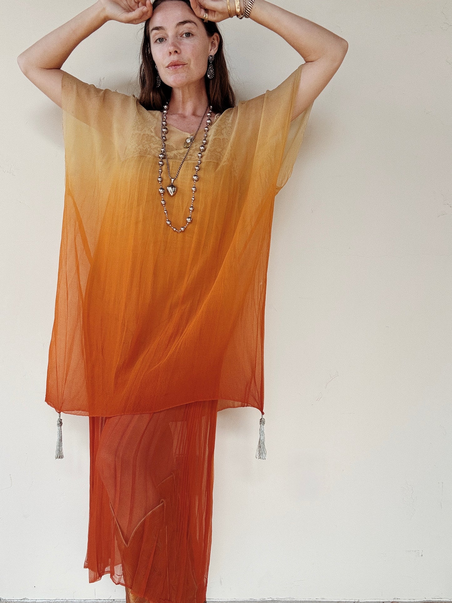 1920s Radiant Orange Ombré Silk Chiffon Ensemble- S/M