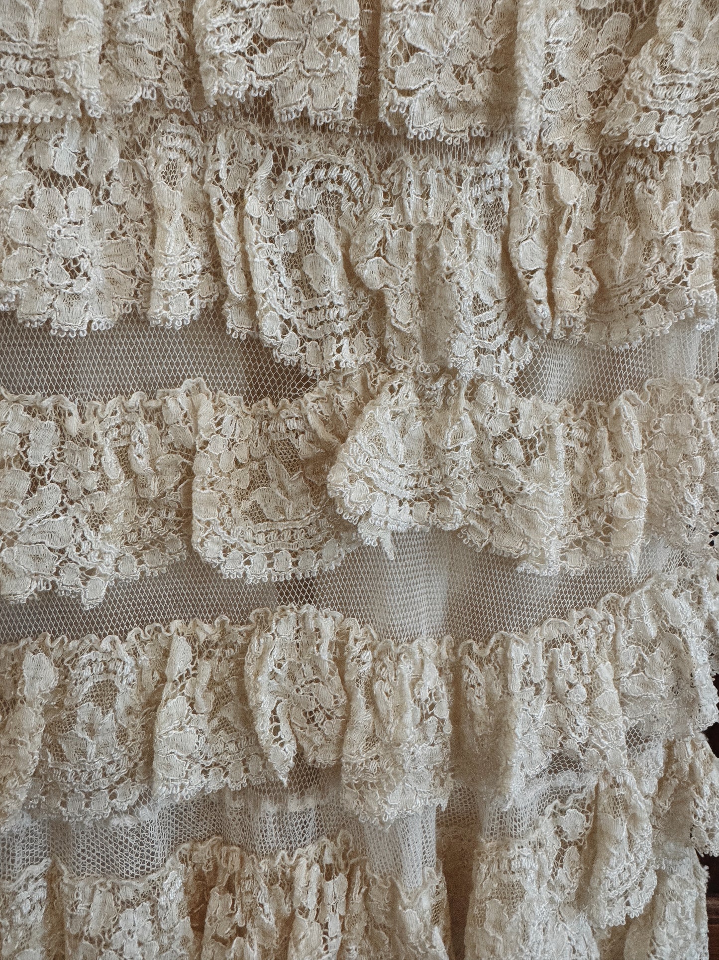 1930s Ecru Lace Tiered Ruffle Gown w/ Fishtail Hem- XS-S