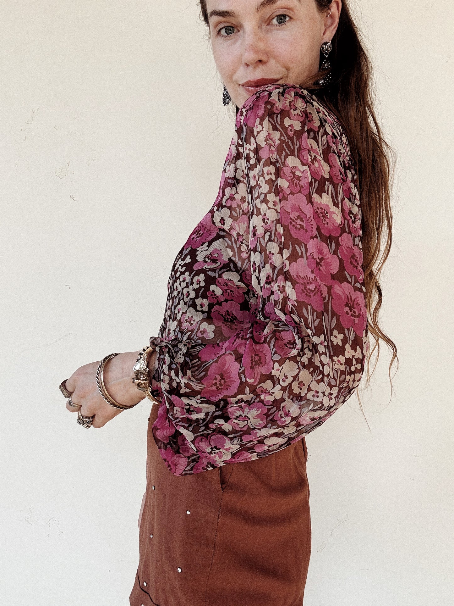 1930s I. Magnin Plum Purple Floral Silk Chiffon Cropped Blouse- S/M-M