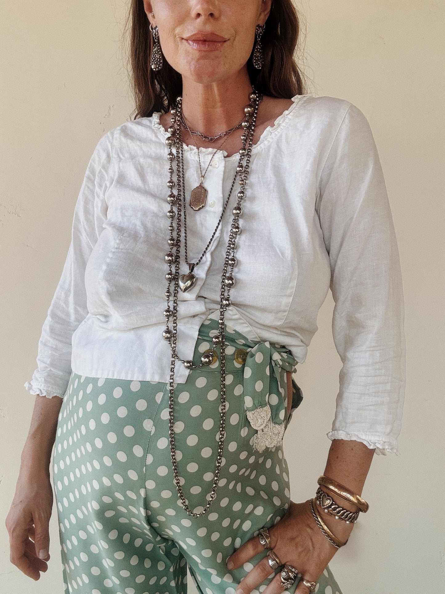 1940s Sea Foam Polka Dot Rayon Lounge Pants w/ Sash- M