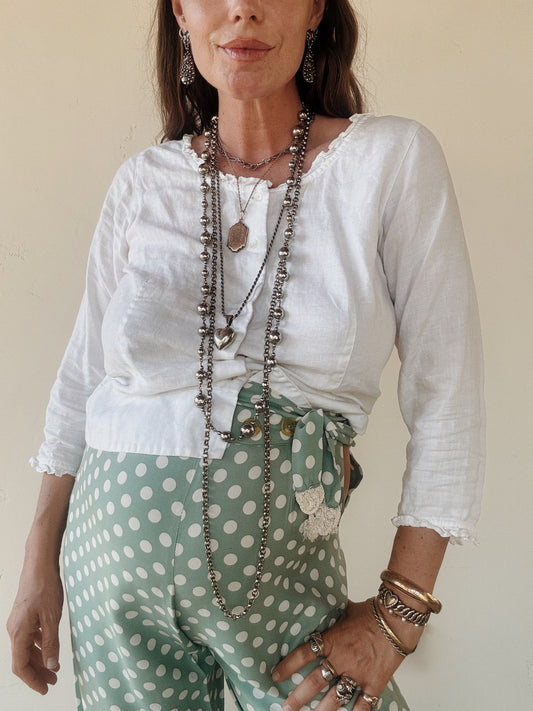1940s Sea Foam Polka Dot Rayon Lounge Pants w/ Sash- M