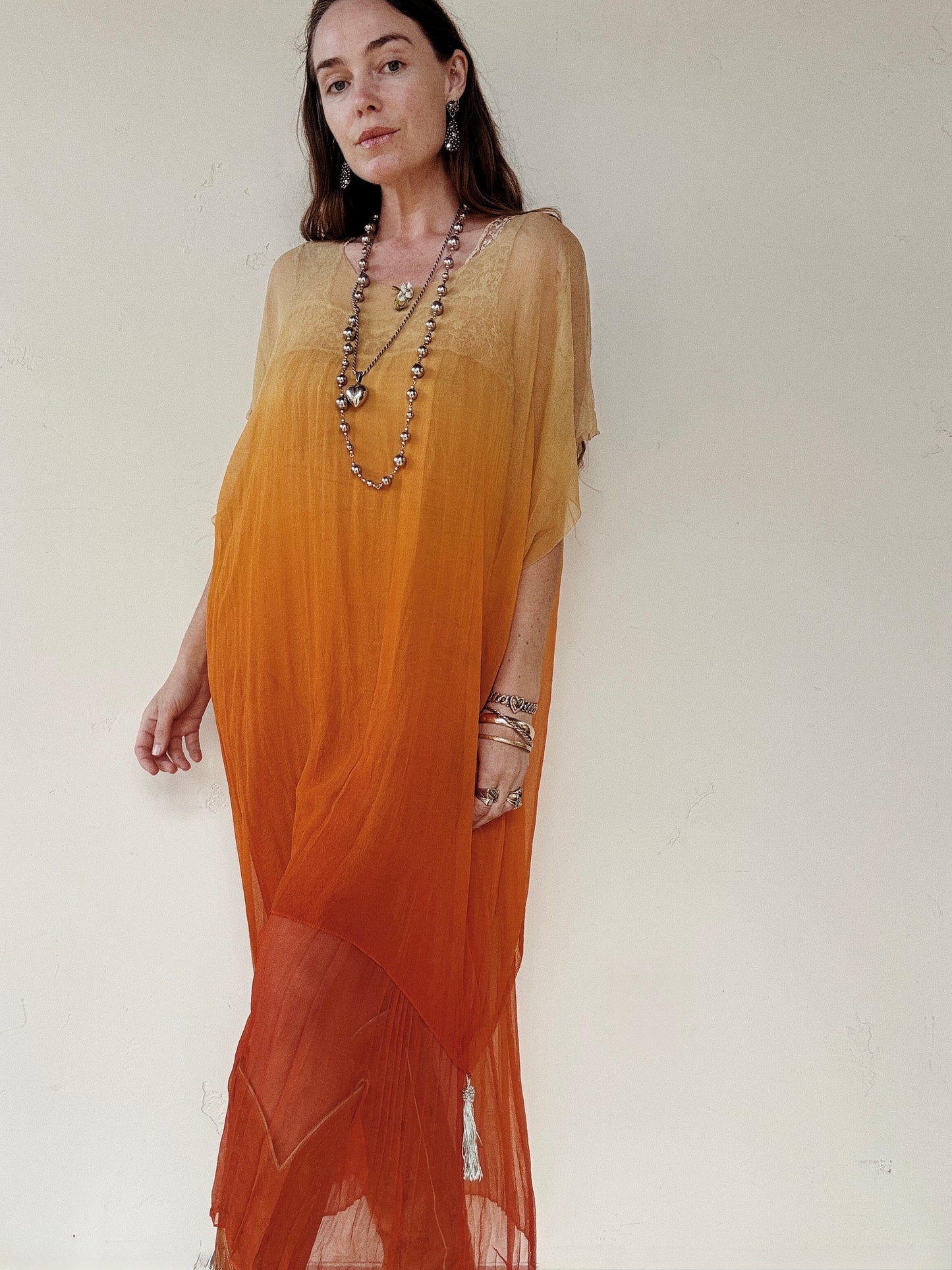 1920s Radiant Orange Ombré Silk Chiffon Ensemble- S/M