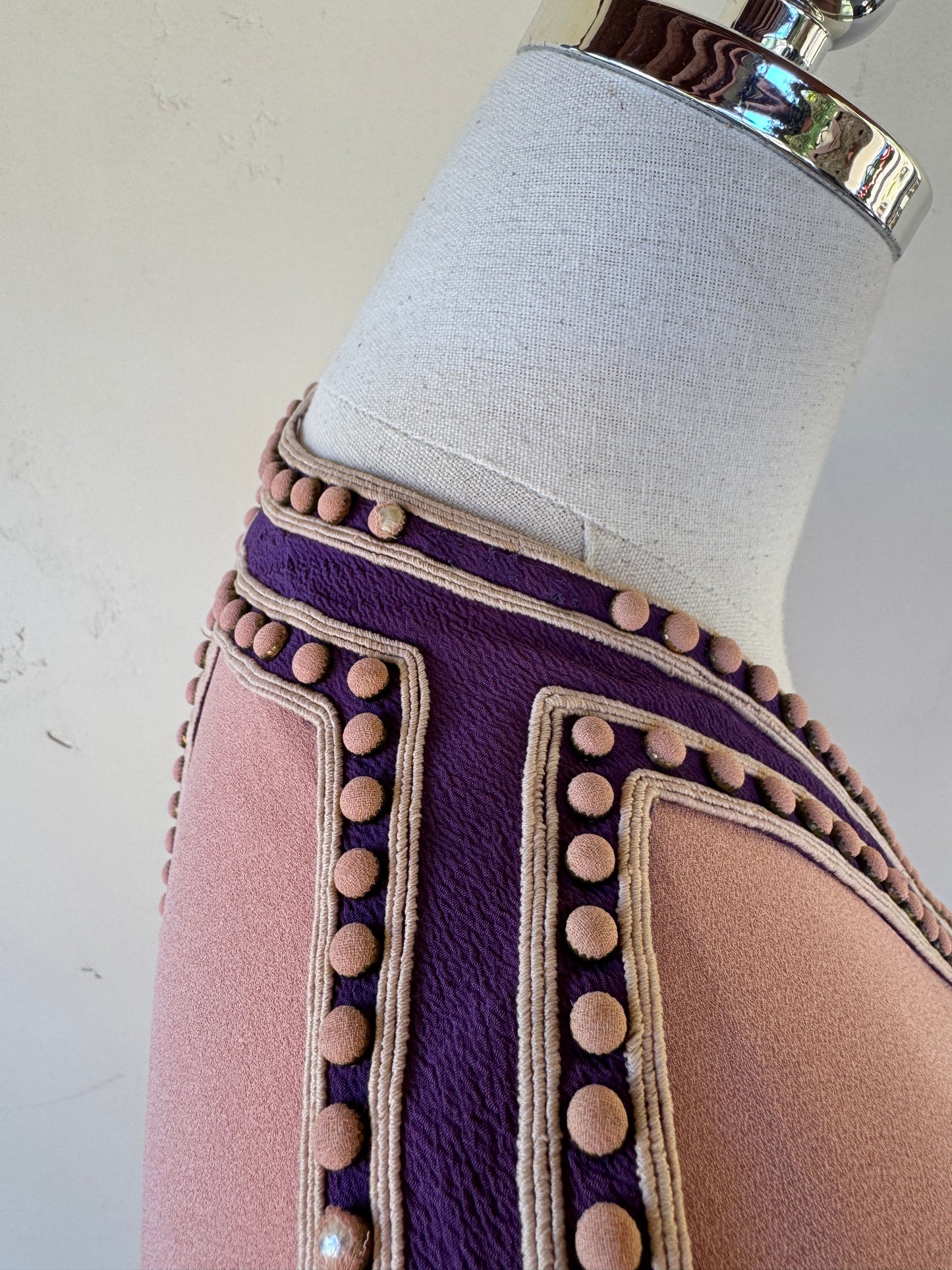 1930s Raspberry + Grape Sherbet Crepe Wrap Dress w/ Studs + Angel Sleeves- S/M