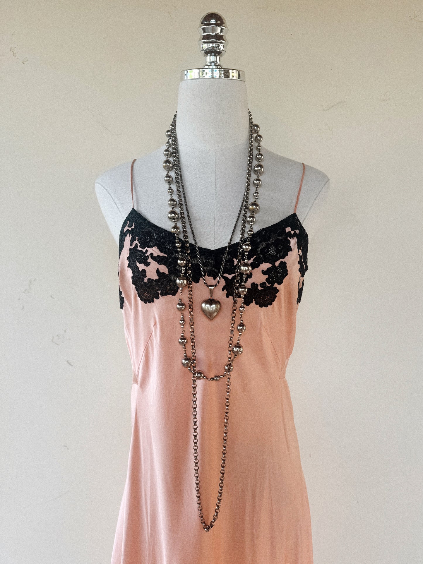 1930s Pretty in Pink Silk + Black Lace Slip Dress- S/M