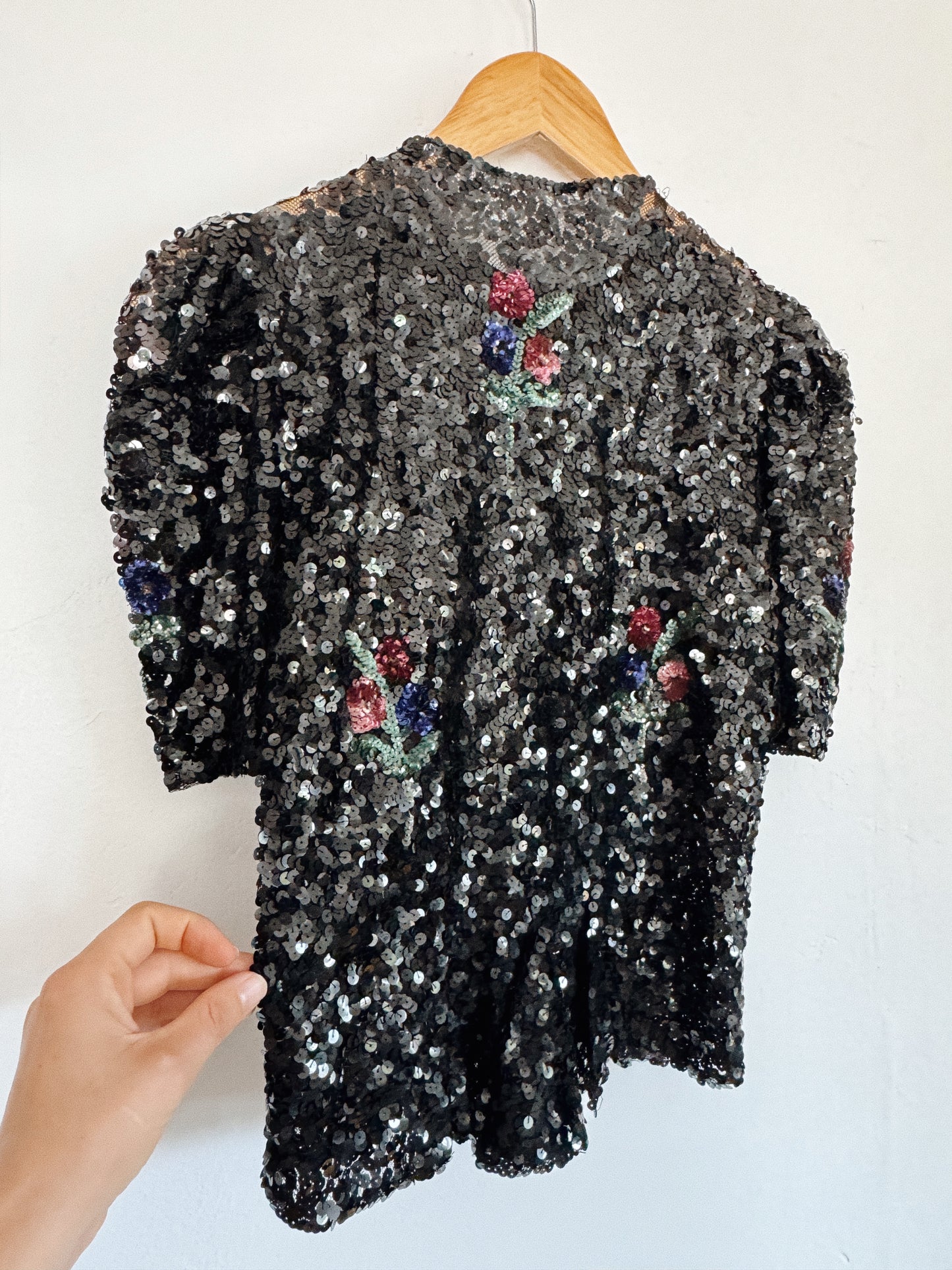 1930s Sequin Bell Zipper Front Blouse w/ Puffed Shoulders- S/M