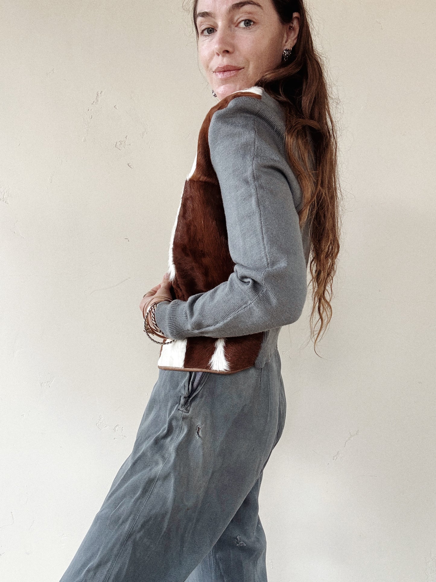 1930s Cowhide Slate Knit Cropped Cardigan- M/L