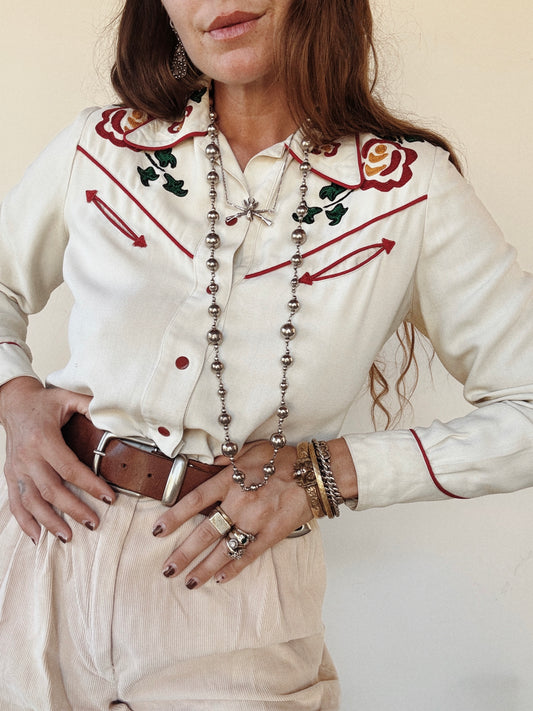1940s Ivory Western Floral Chain Stitched Blouse- S/M