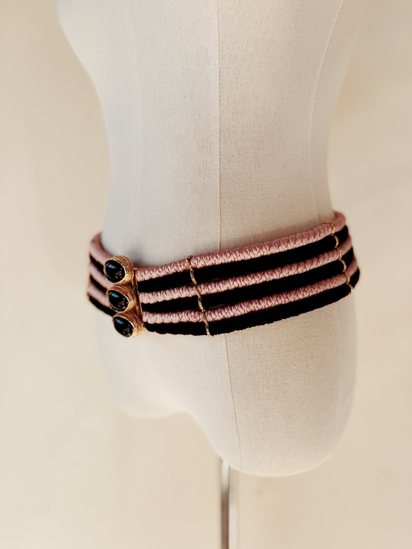 1980s YSL Pink + Black Corded Belt w/ Enamel Buckle- M/L