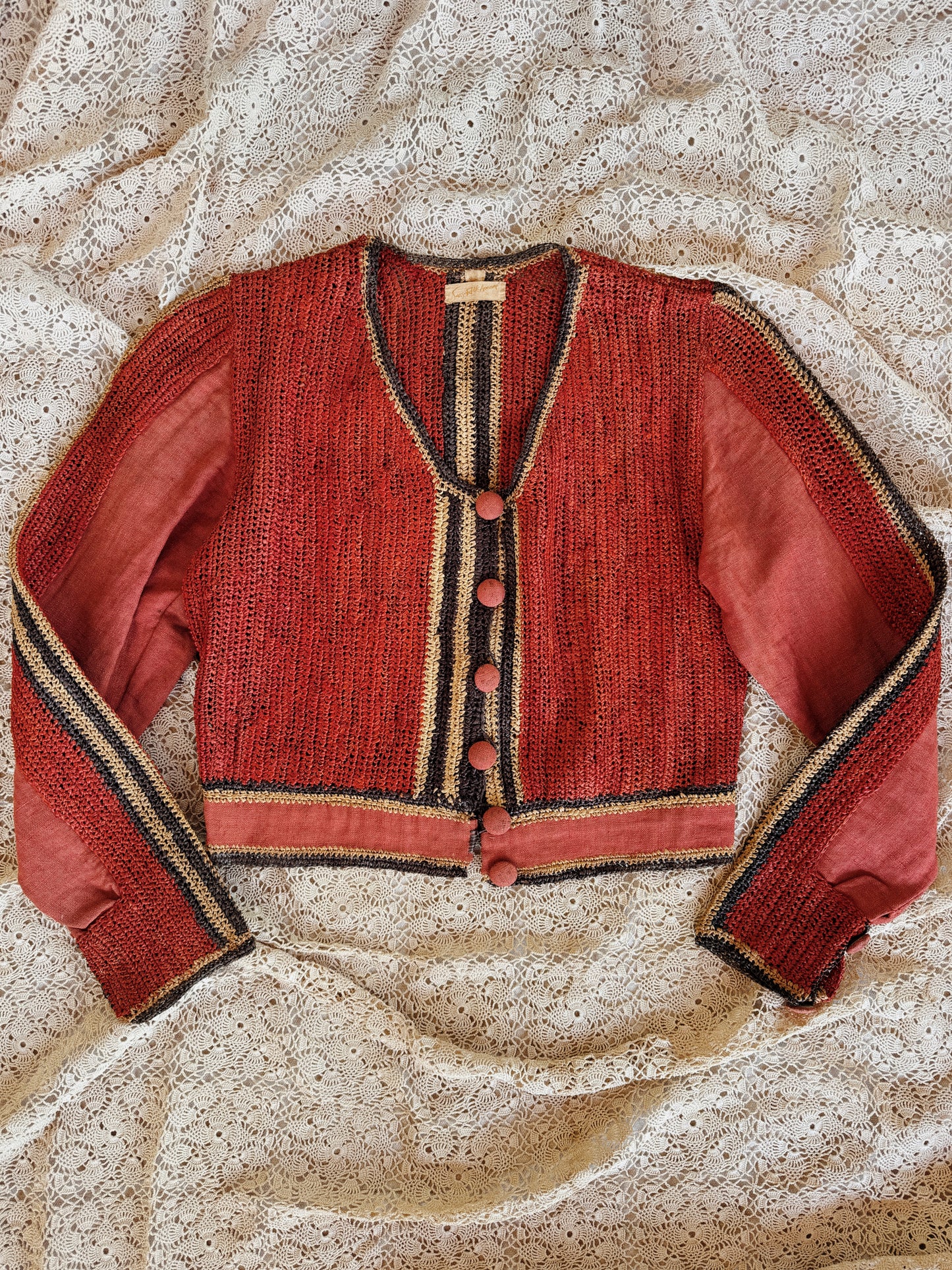 1930s Rattan + Linen Saks Fifth Avenue Cropped Summer Jacket- S/M