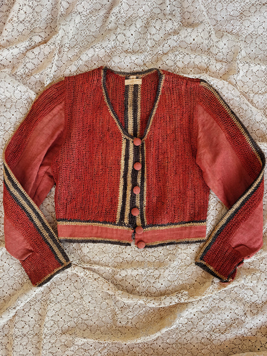 1930s Rattan + Linen Saks Fifth Avenue Cropped Summer Jacket- S/M