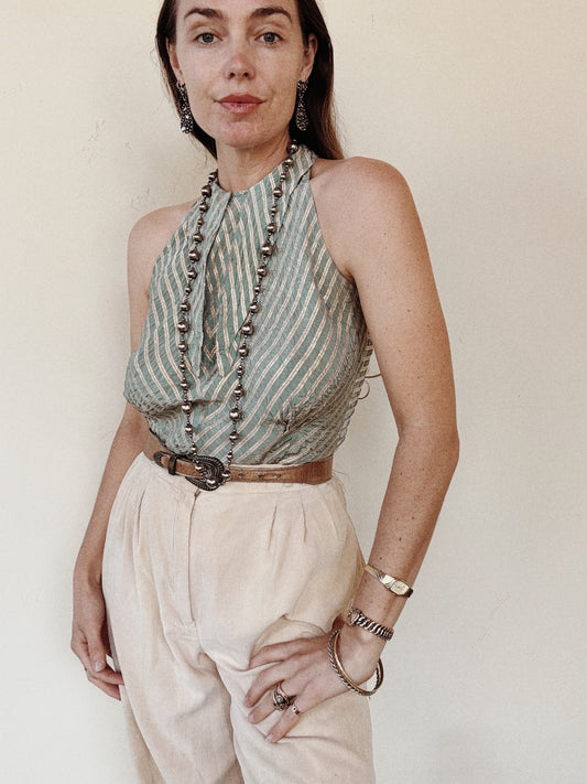 1930s Sea Foam Lamé Dagger Collar Halter Top- S/M