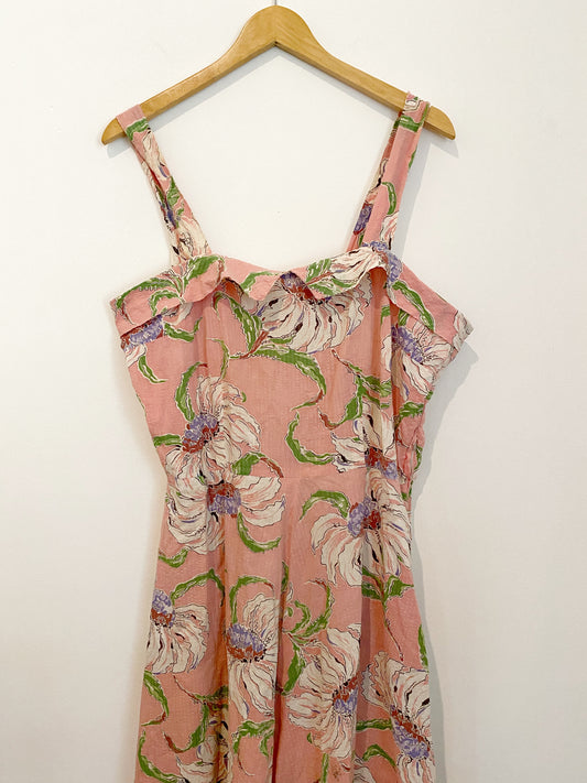 1940s Pink Seersucker Floral Day Dress- 42” Bust