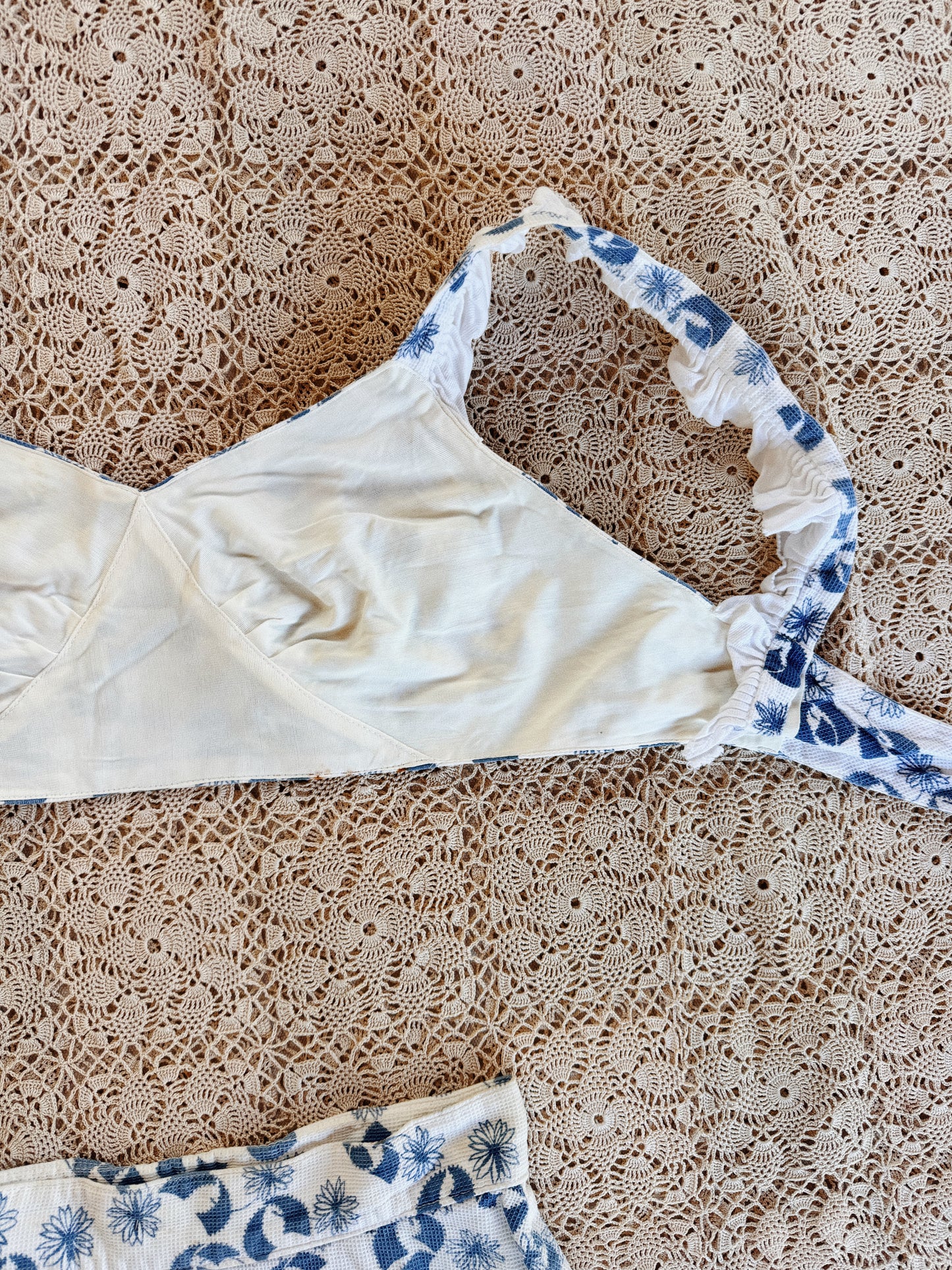 1930s White + Blue Piqué Floral + Ruffle Play Set- S
