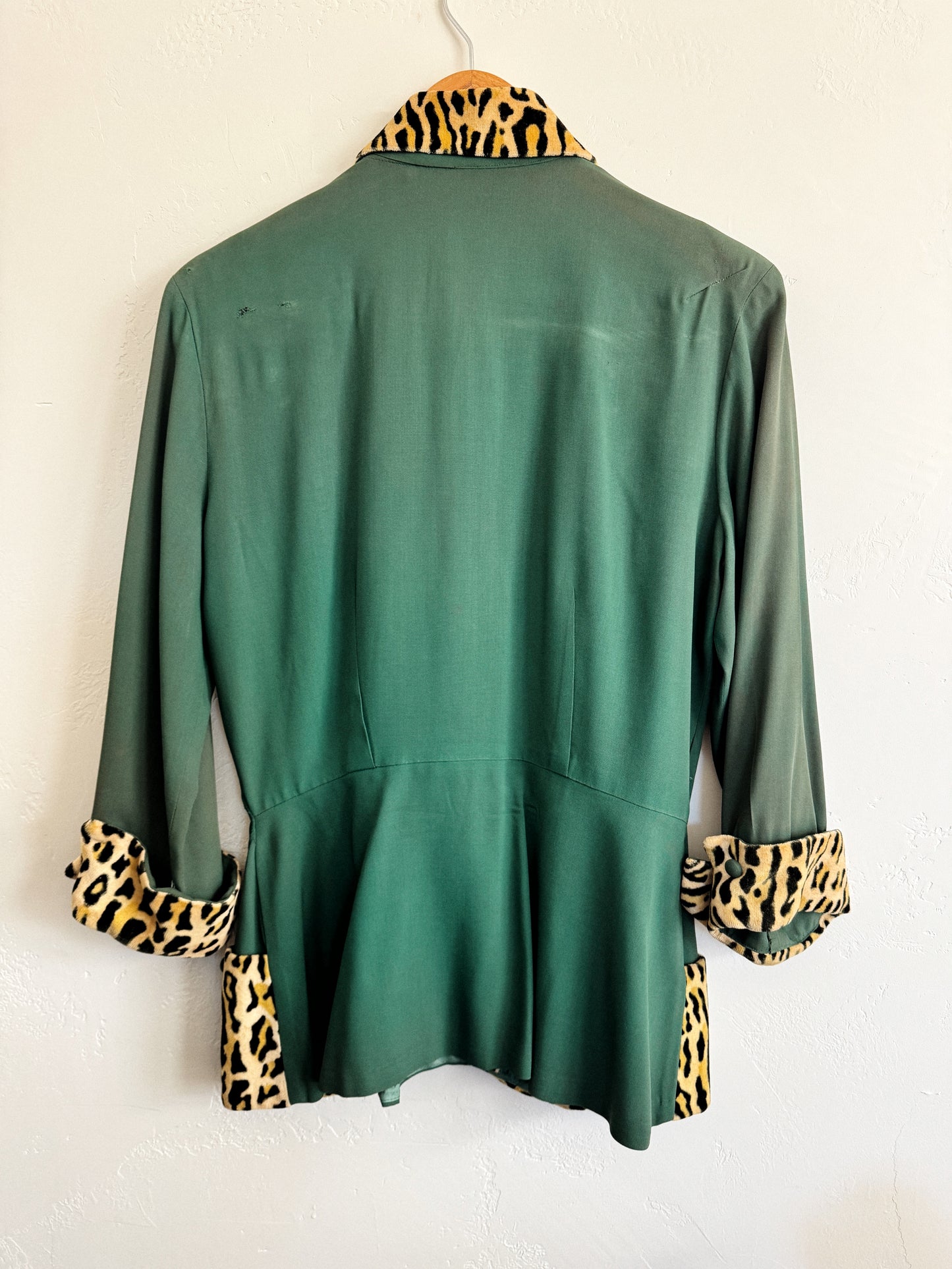 1940s Emerald Rayon + Leopard Jacket w/ Peplum- M