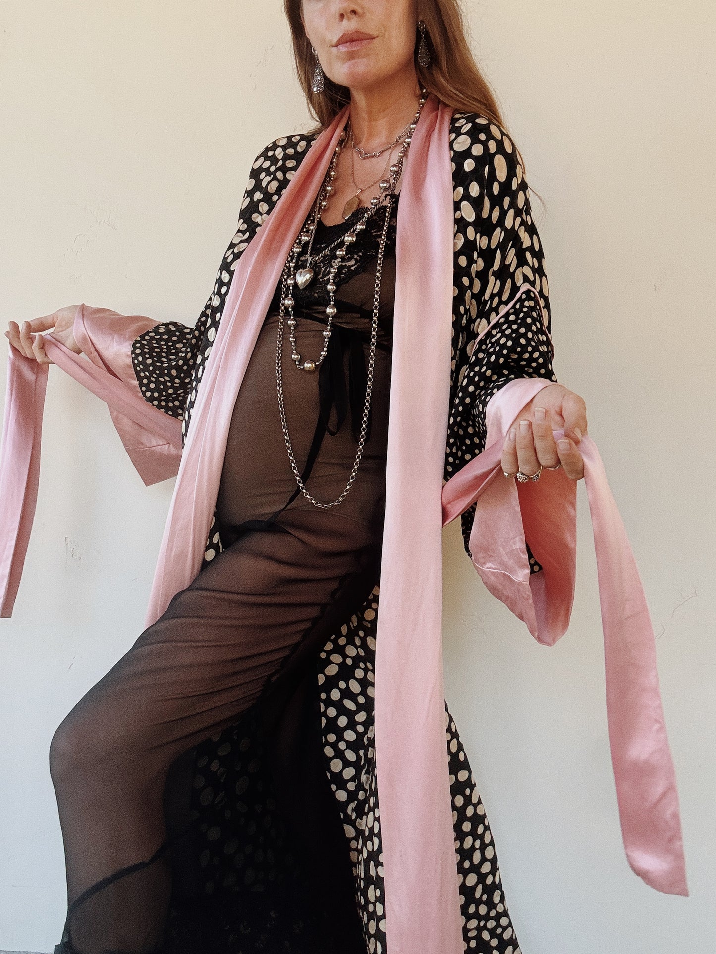 1970s/80s Guy Laroche Polka Dot Silk Duster Robe w/ Pink Charmeuse Trim