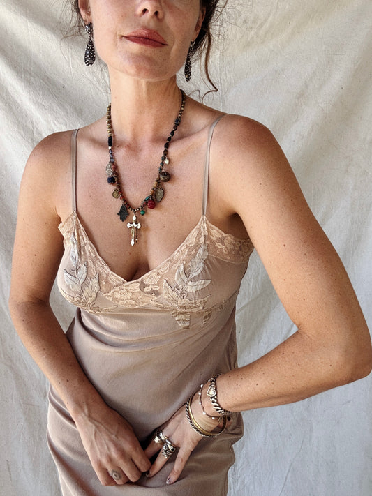 1930s Creamy Mocha Silk Slip Dress w/ Lace + Foliage Appliqué- S