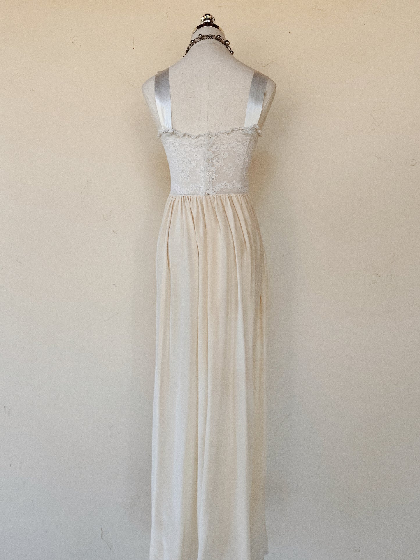 1940s Ivory Silk + Lace Slip Dress w/ Pale Blue Satin Ribbon- XS-S
