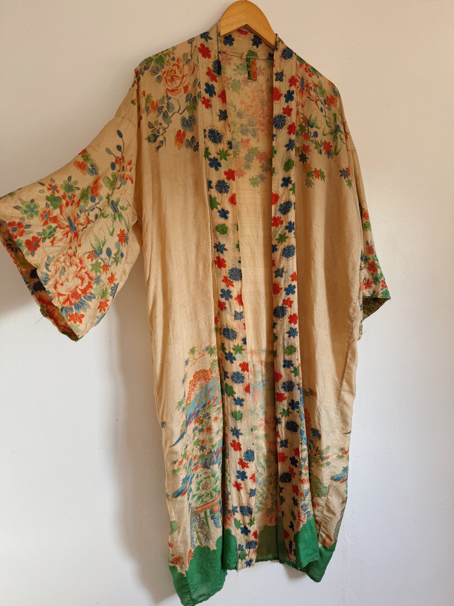 1920s Green Printed Pongee Silk Duster Robe
