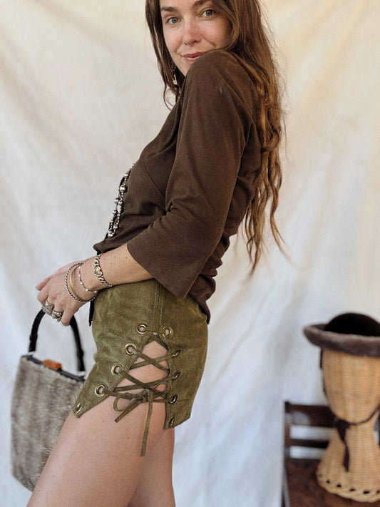 1960s Olive Suede + Brass Grommet Lace Up Shorts- S