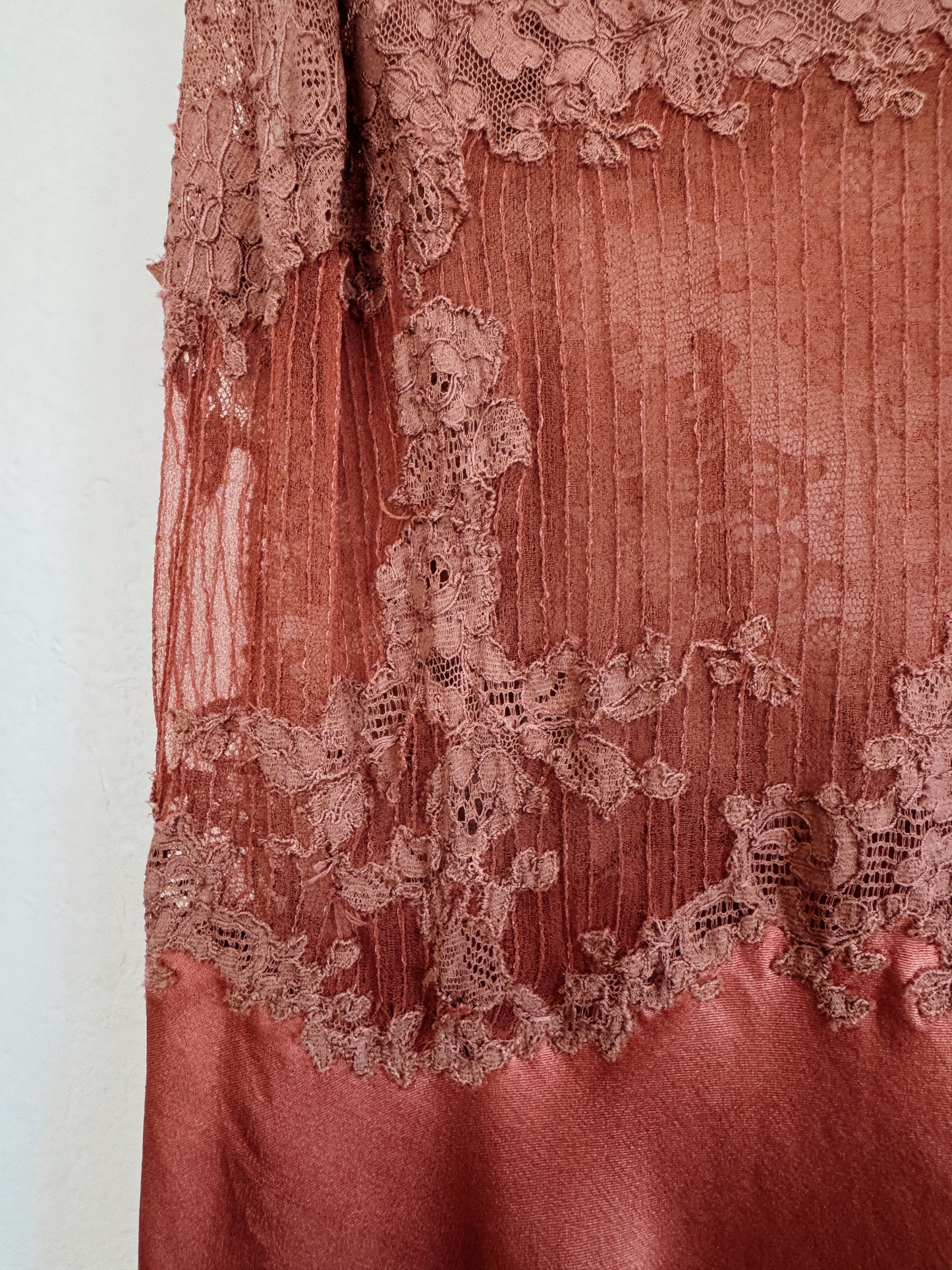 1930s Brown Silk + Lace Slip Dress w/ Braided Straps- XS/S
