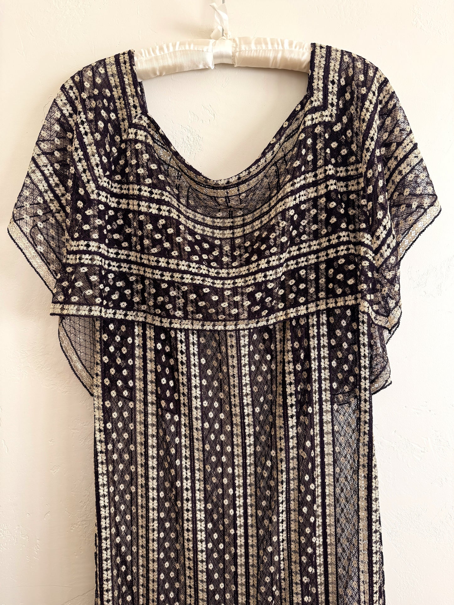 1920s/30s Purple + Cream Net Dress w/ Large Caplet Collar- M-L