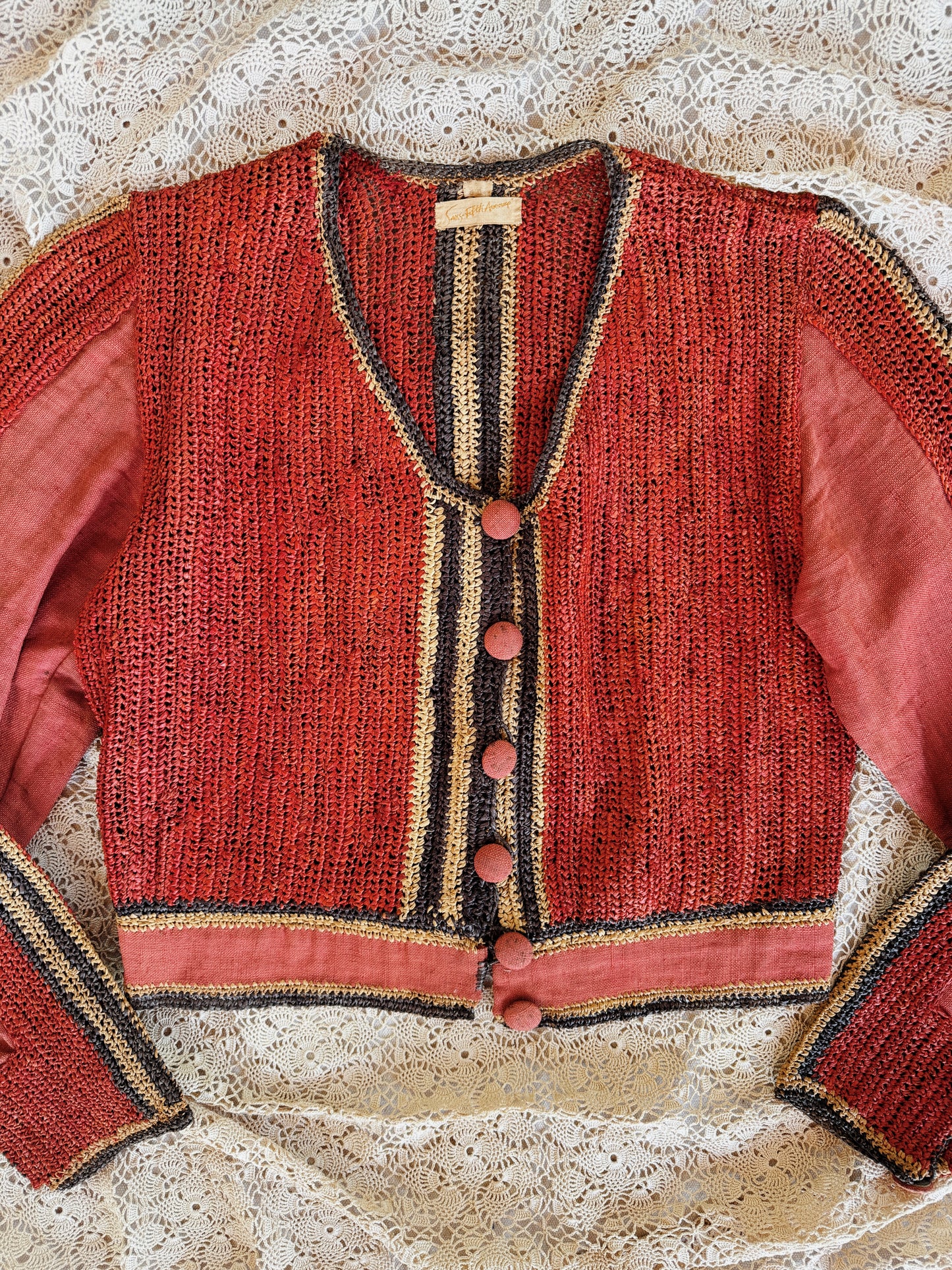 1930s Rattan + Linen Saks Fifth Avenue Cropped Summer Jacket- S/M