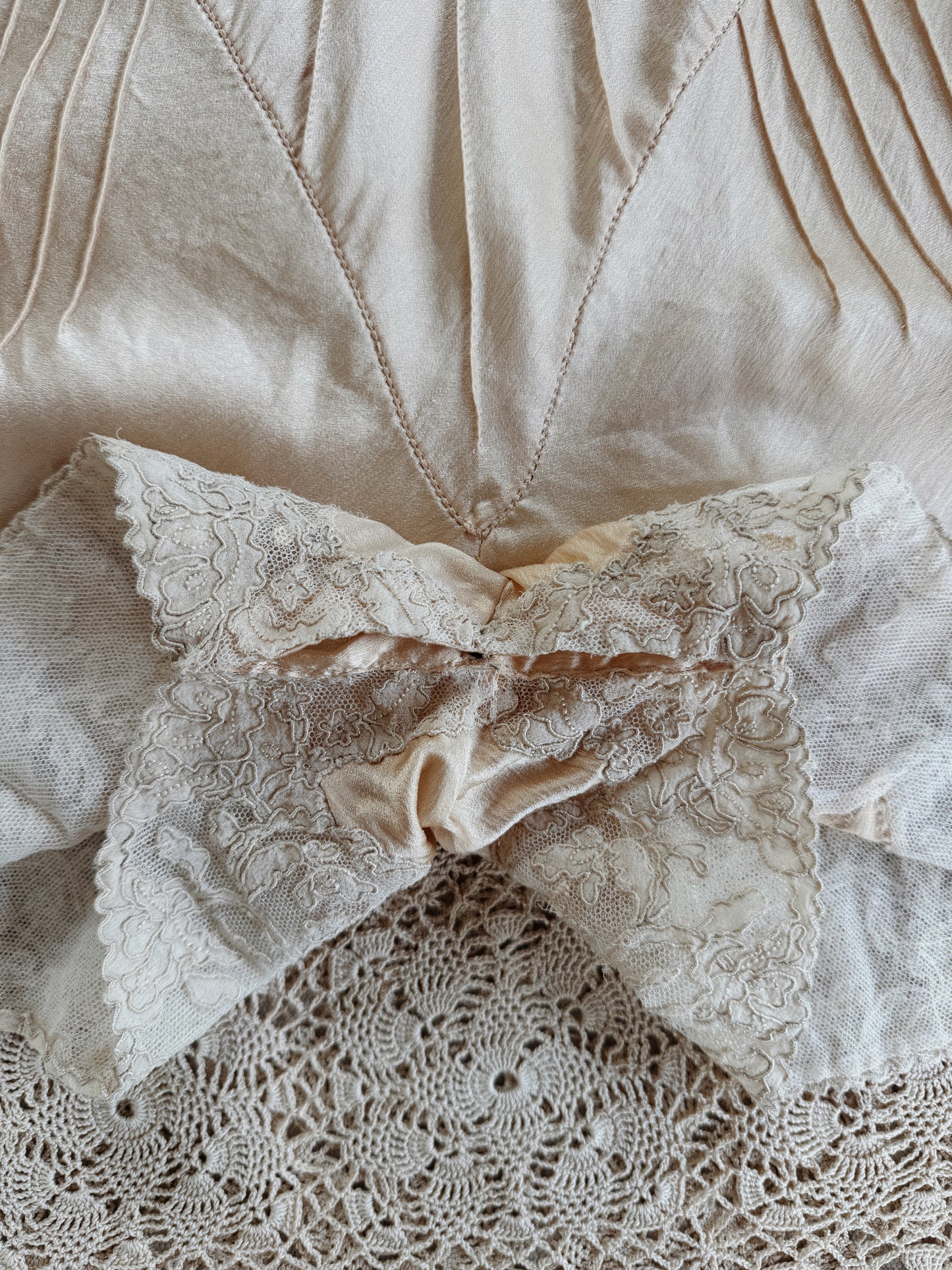 1930s Ivory Charmeuse Silk + French Lace Hand Sewn Step In- XS-S