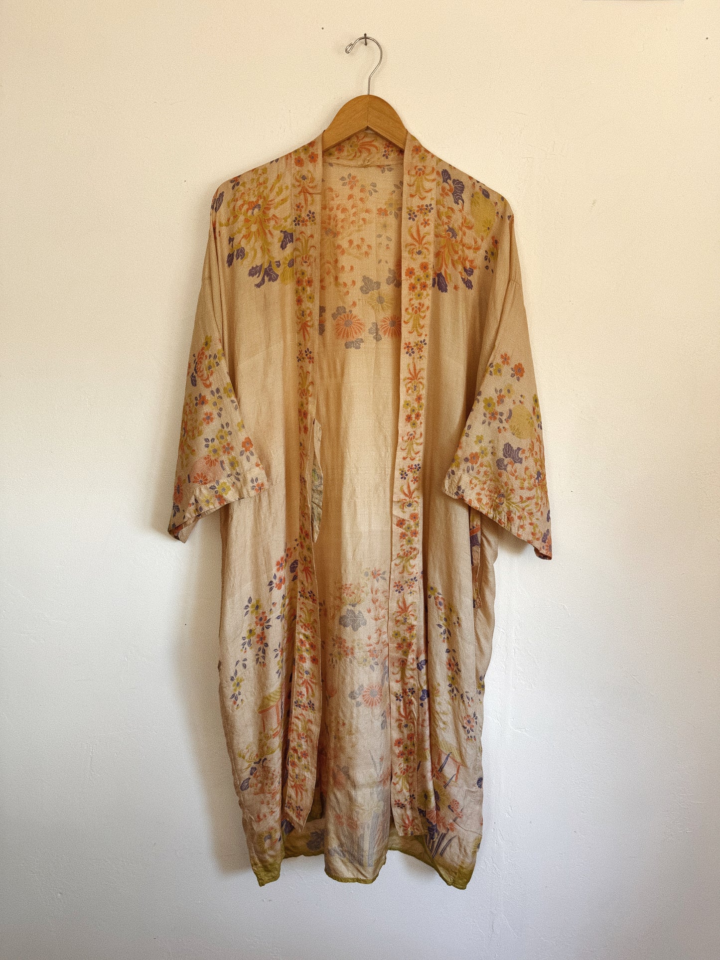 1920s Chartreuse + Periwinkle Pongee Silk Duster Robe