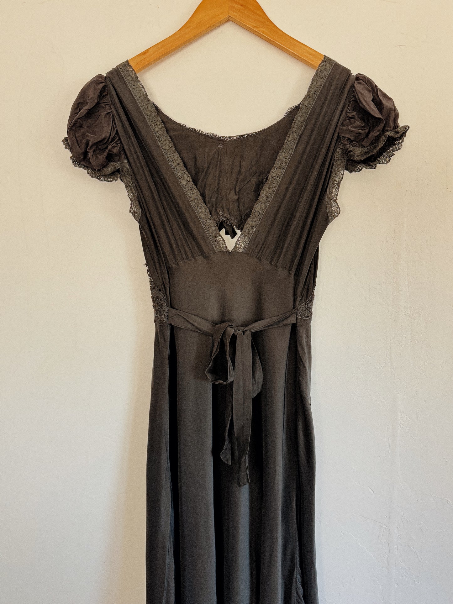 1930s Black Sultry Rayon Silk Keyhole Lace Slip Dress w/ Caplet Shoulders- S-S/M