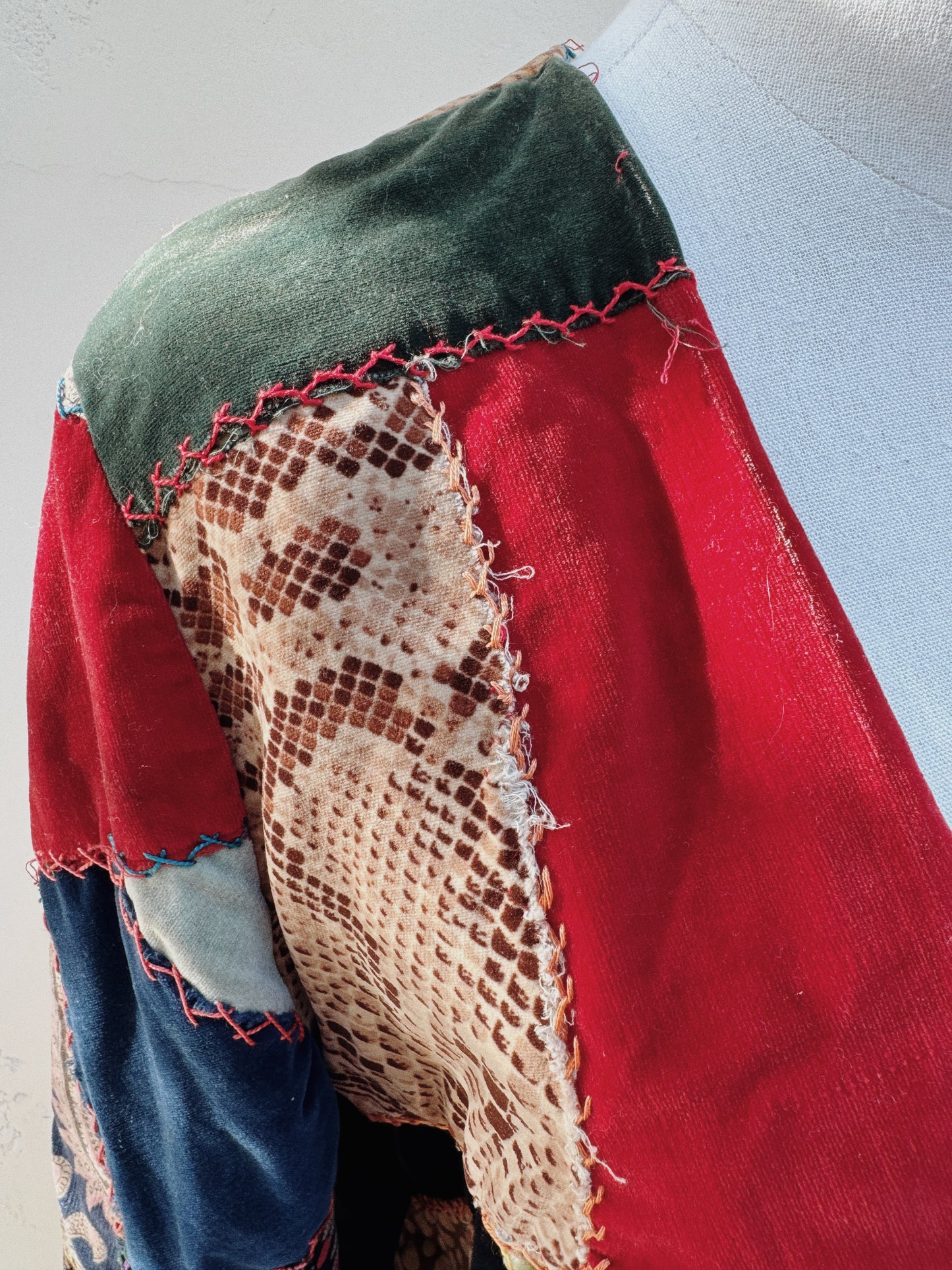 1930s/40s Velvet Crazy Quilt Patched Duster Coat