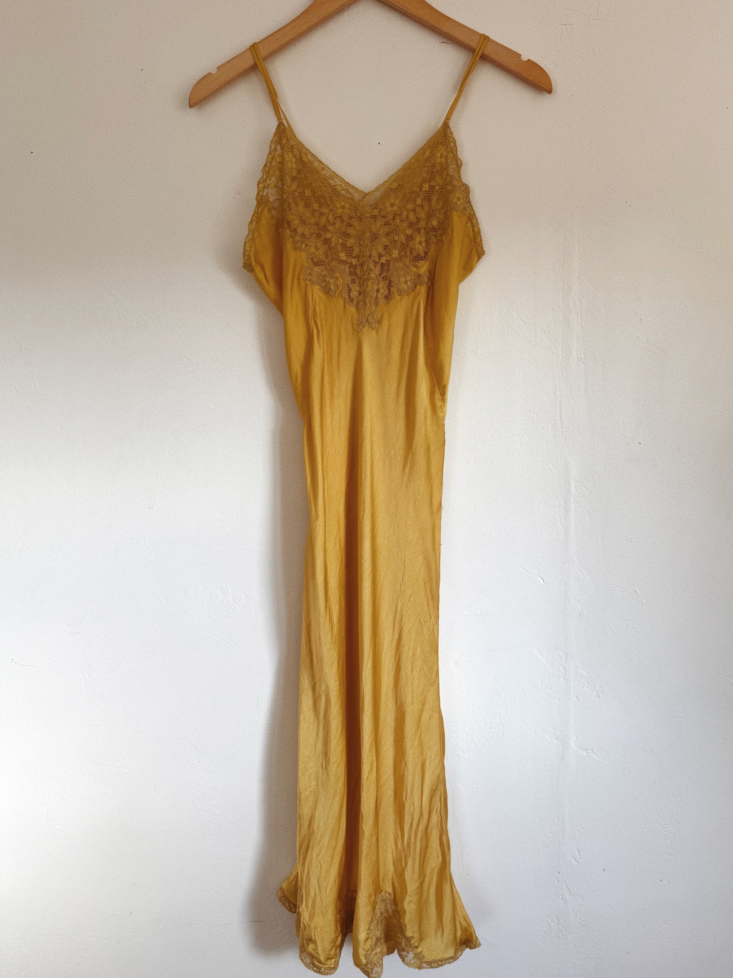 1940s Marigold Silk + Lace Spaghetti Strap Slip Dress- S/M-M