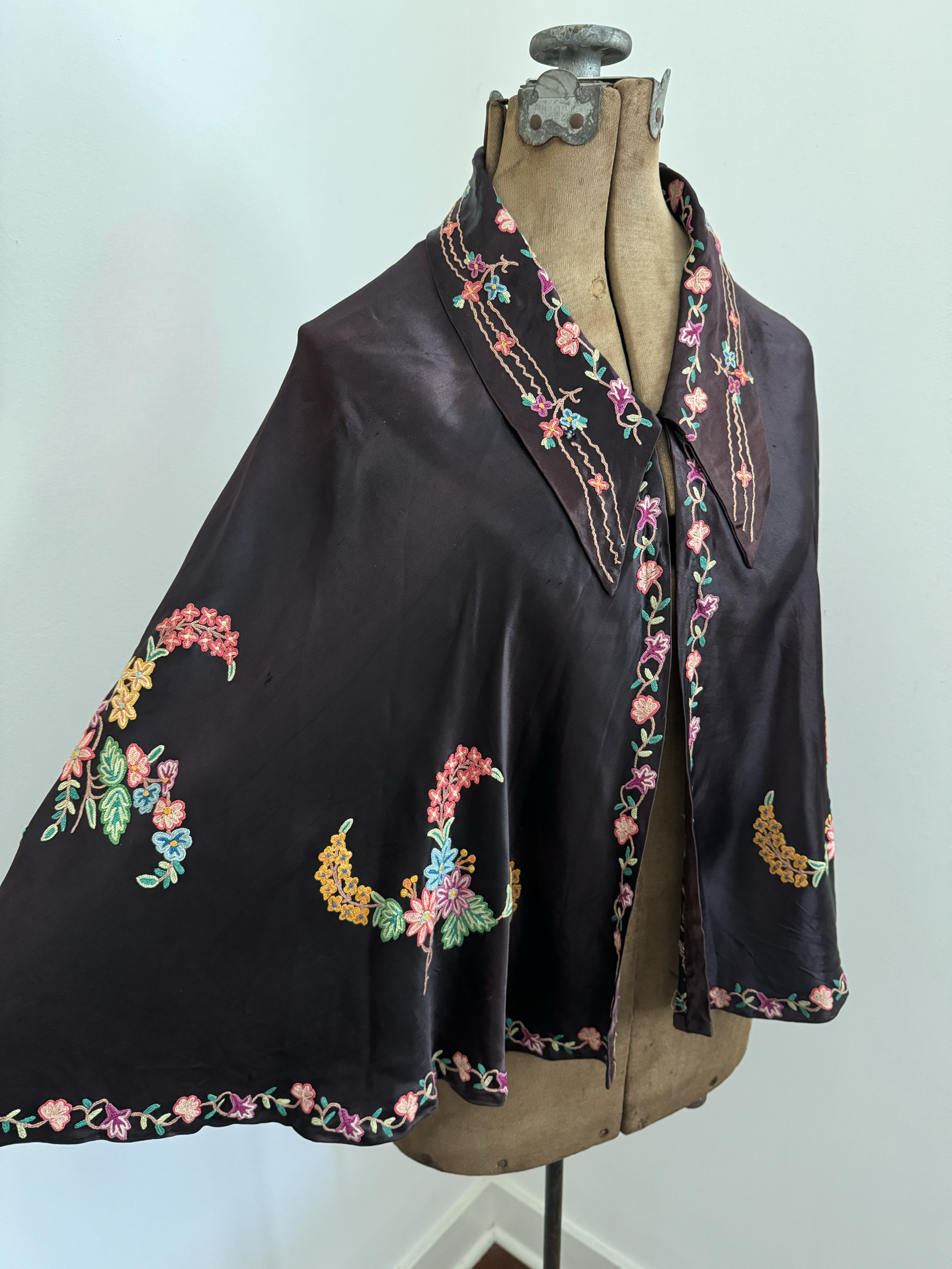 1930s Black Liquid Satin Cape w/ Exquisite Embroidery + Oversized Collar
